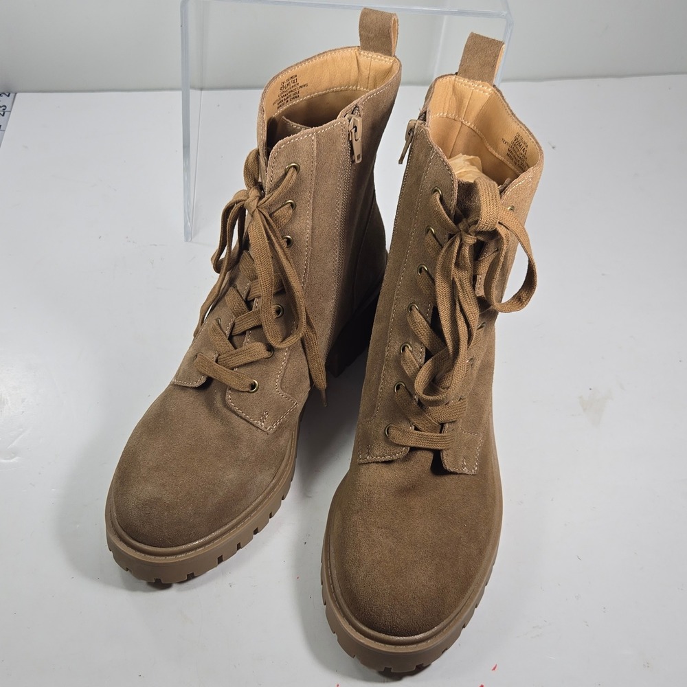 Crown Vintage Telinda Tan Suede Leather Combat Lug Sole Boots Women 9.5M TELINDA